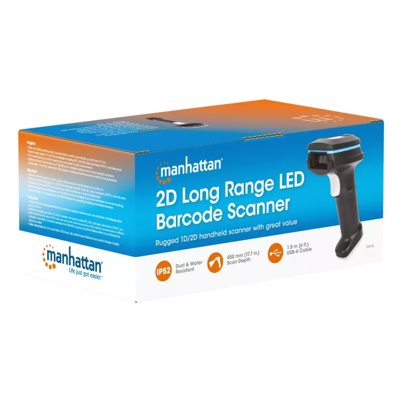 Manhattan 2D Long Range LED Barcode Scanner, USB, 450mm Scan Depth, Max Ambient Light 100,000 lux (sunlight), Supports symbologies - 1D (x21 versions) and 2D (x10 versions), Scanner RJ45 to USB 1.8m cable (most popular type, which is USB-A), Black, 3 Year Warranty