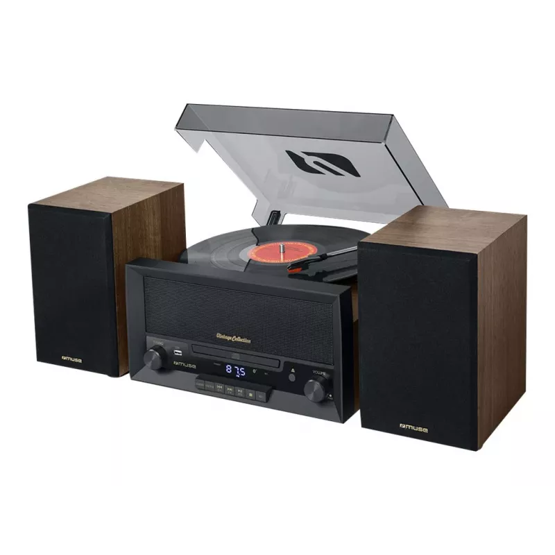 Home audio midi system muse MT-120 MB — 20W RMS, 2-way speakers, AC 100–240V 50/60Hz, Black/Transparent/Wood