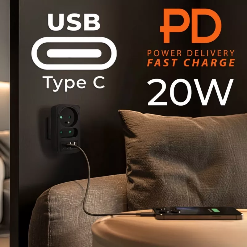 Power splitter MACLEAN MCE249 F/B — 2 AC sockets (16A + 6A) with 2×USB-A and 2×USB-C PD 20W, EU plug, black