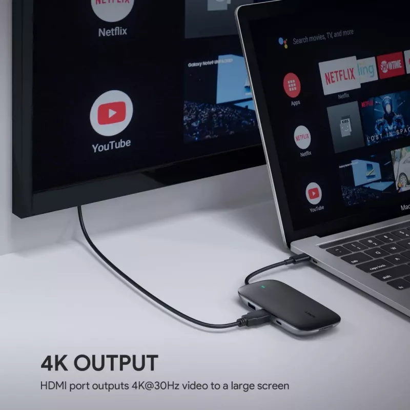 Laptop dock AUKEY CB-C71 — 3x USB‑C (USB 3.2 Gen1), HDMI, RJ‑45, MicroSD, USB PD 100W, 0.15 m cable, black