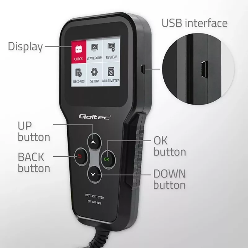 Qoltec 52489 Digital Battery Analyzer Tester 3-in-1 with LCD and multi-language 6V | 12V | 24V | 30Ah-200Ah