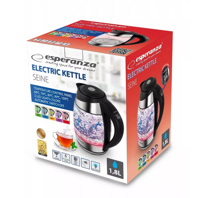 Esperanza EKK026 electric kettle 1.7 L 2200 W Black, Transparent