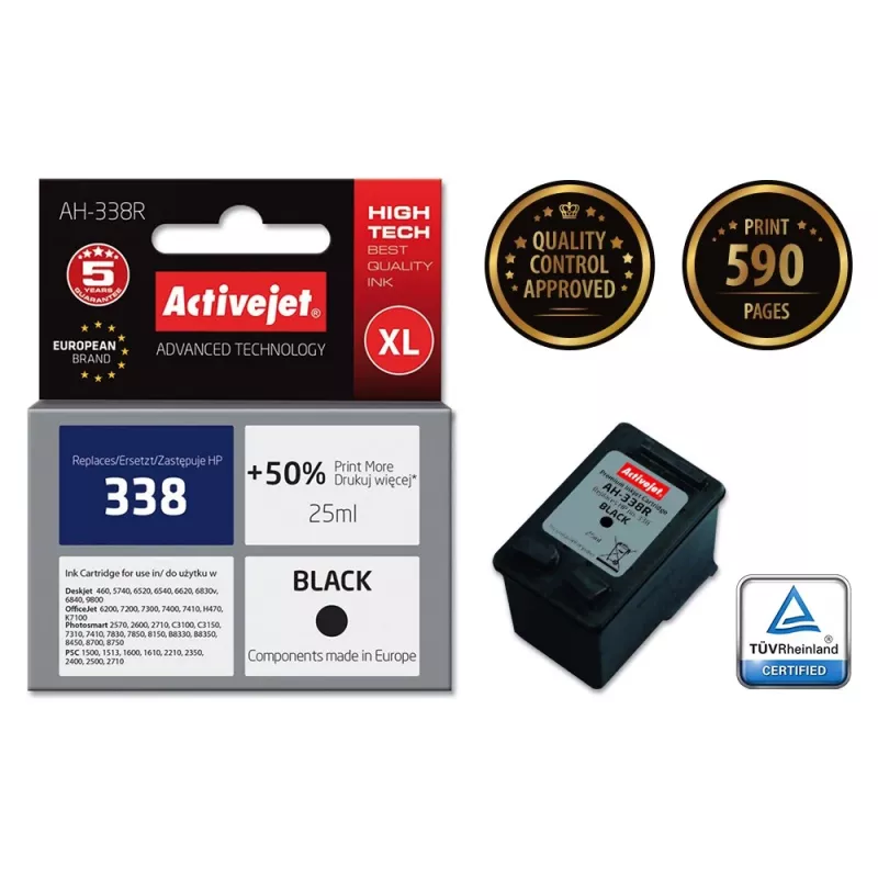 Ink cartridge ActiveJet AH-338R compatible for HP 338 C8765EE, black pigment 25 ml, high (XL) yield, single pack