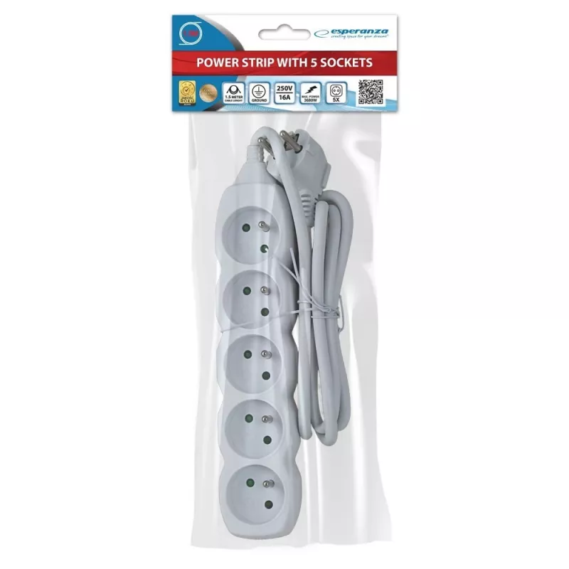 Power extension ESPERANZA ELK207W — 1.5 m cable, 5 Type E AC outlets, indoor, 220–250V
