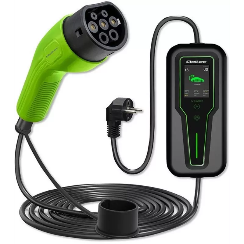 Qoltec 52465 Mobile charger for EV 2-in-1 Type2 with regulation | 3.5kW | 230V | LCD | Portable | Wallbox | 5m