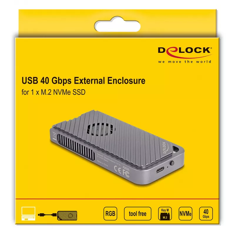 SSD enclosure DELOCK 42025 for 1 x M.2 (PCIe, USB4 Gen4, USB-C) Grey, aluminium