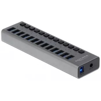 DeLOCK External USB 5 Gbps Hub with 13 Ports + Switch, USB 3.2 Gen 1 (3.1 Gen 1) Type-B, USB 3.2 Gen 1 (3.1 Gen 1) Type-A, 5000 Mbit/s, Grey, Aluminium, 1 m