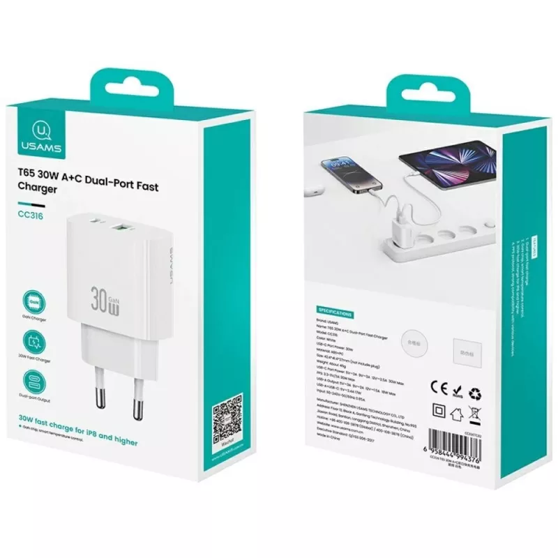 Charger usams USA001632 30W 1×USB-C 1×USB-A Fast charging