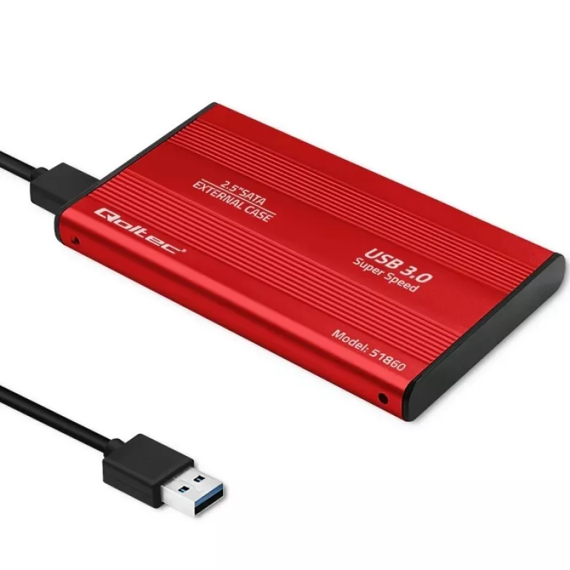 HDD/SSD enclosure QOLTEC 51860 for 2.5 inch SATA III drives, USB Type-A, 5 Gbit/s, aluminium, red