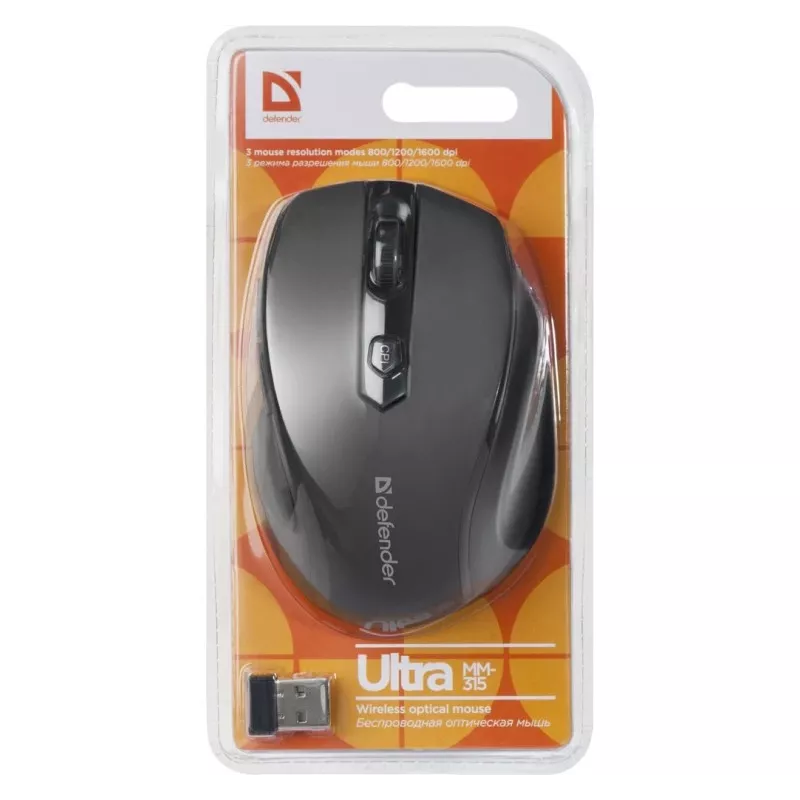 Wireless RF Optical Right-hand Mouse DEFENDER ULTRA MM-315 — 1600 DPI, 6 buttons, USB receiver, black