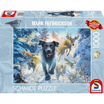 Mark Fredrickson: dog love - black Labrador in snow, Puzzle 1000 Pieces
