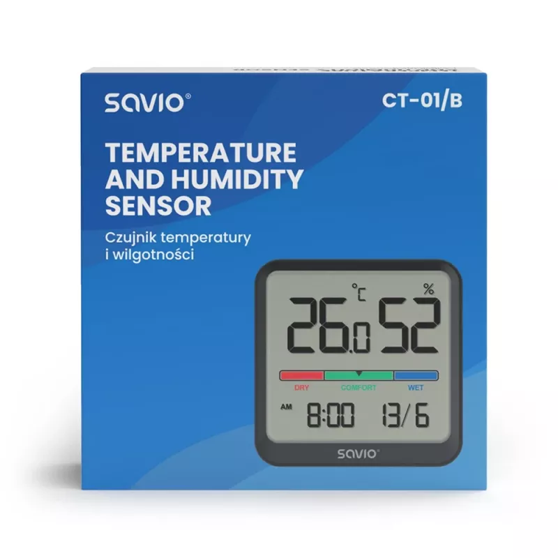 Indoor temperature and humidity sensor SAVIO CT-01/B freestanding, LCD, -10–55°C, 10–99% RH, CR2032