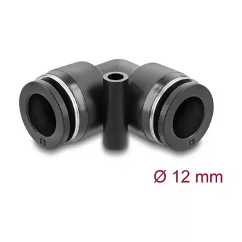Pneumatic connector DELOCK 12 mm 90° angled with mounting hole, female thread, metal/plastic, length 39.5 mm