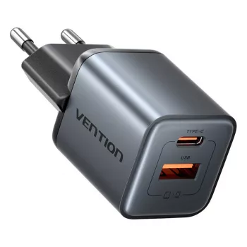 Vention FEWH0-EU 30W GaN charger — 1× USB-C, 1× USB-A, 30 W, black