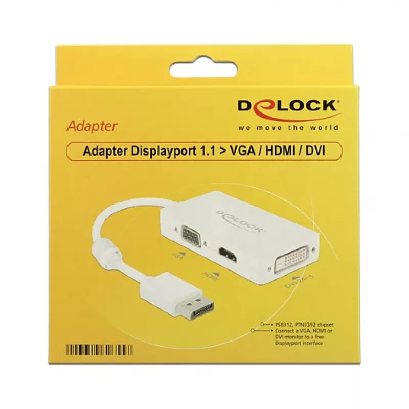DELOCK Adapter Cable DisplayPort Plug > 1 x VGA + 1 x HDMI + 1 x DVI 24+1 White