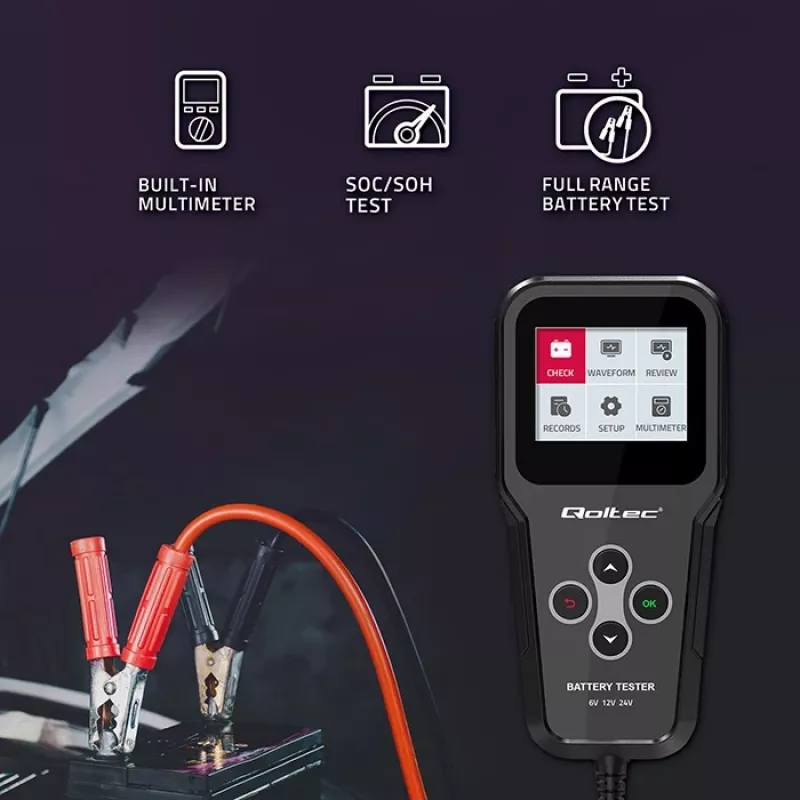 Qoltec 52489 Digital Battery Analyzer Tester 3-in-1 with LCD and multi-language 6V | 12V | 24V | 30Ah-200Ah