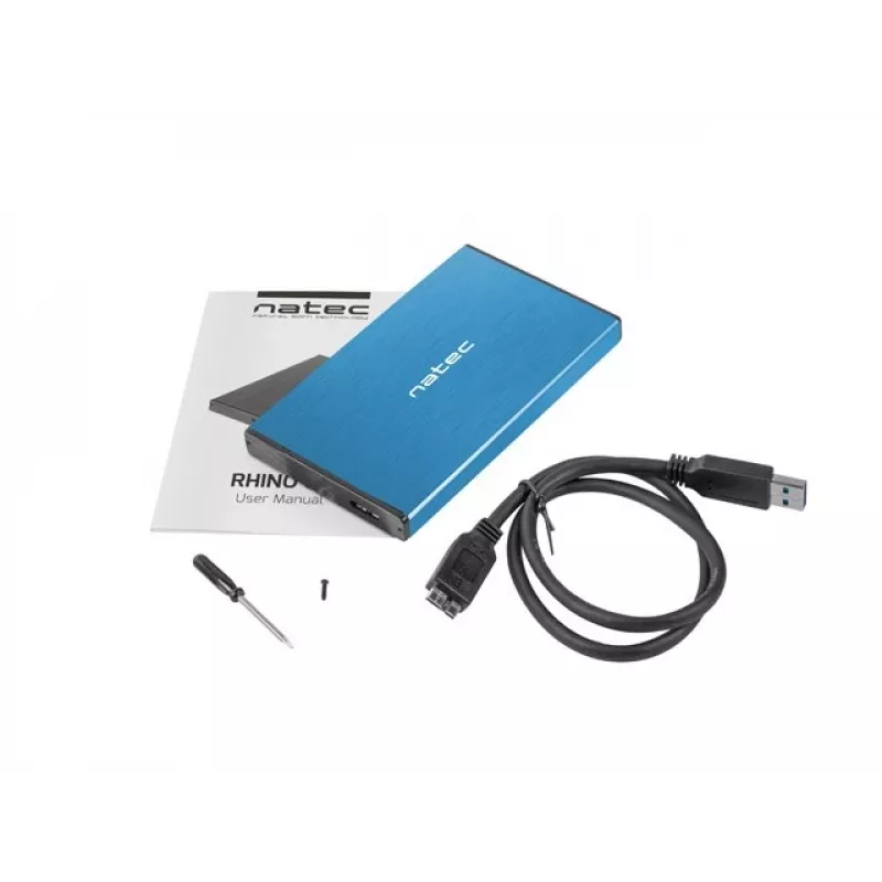 External HDD/SSD enclosure NATEC Rhino GO 2.5 inch — USB 3.0, SATA III, up to 4 TB, 9.5 mm, aluminium, blue