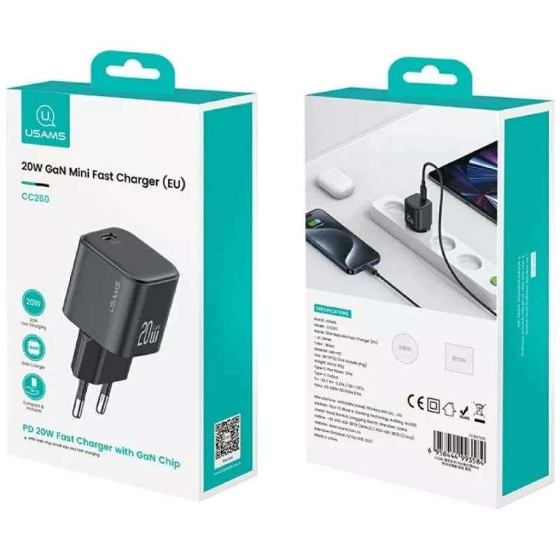 Charger usams USA001627 20W 1×USB‑C with USB‑C cable — fast charging adapter for phones and tablets