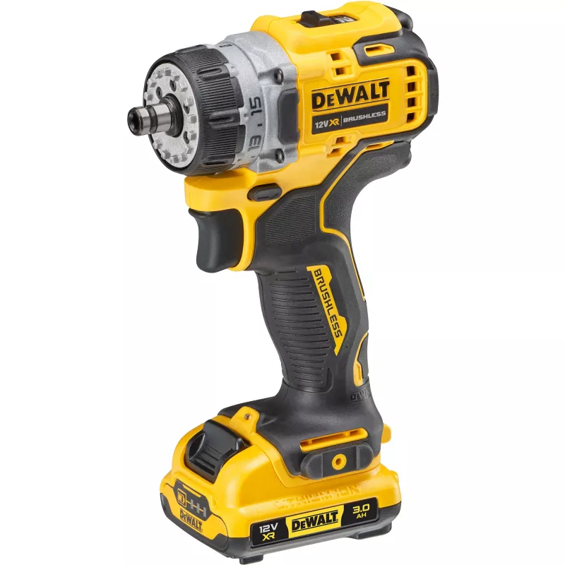 Pistol grip drill DeWalt DCD703L2T-QW — 12V, 3.0Ah x2, 1500 RPM, 10 mm keyless chuck, 25.5 N·m, 0.9 kg