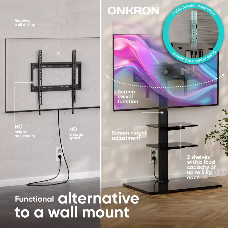 TV floor stand ONKRON TS5550-B for 32–65 inch (81.3–165.1 cm), max load 30 kg, VESA 100x100–600x400, height 880–1080 mm, swivel ±25°