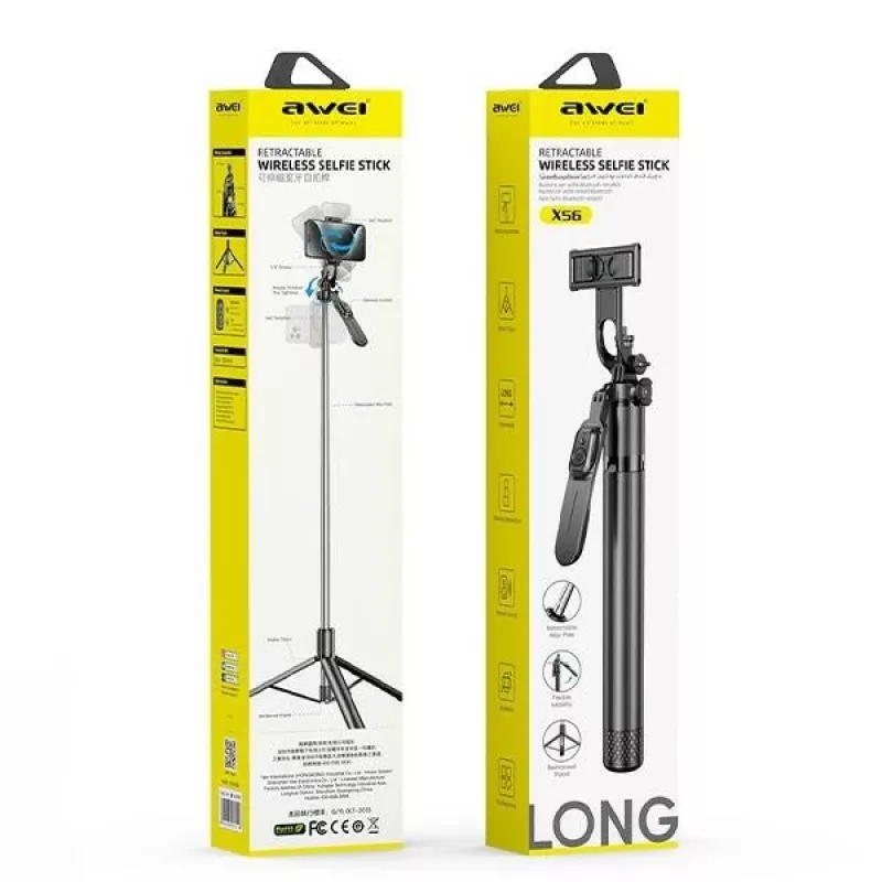 Selfie stick Awei X56 aluminium black — extendable handheld mount for smartphones
