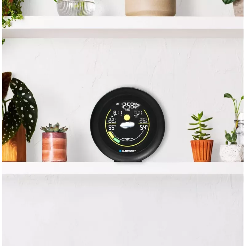 Weather station BLAUPUNKT WS35BK APP — LCD display, temperature & humidity, alarm, calendar, app connectivity, 94×94×27 mm
