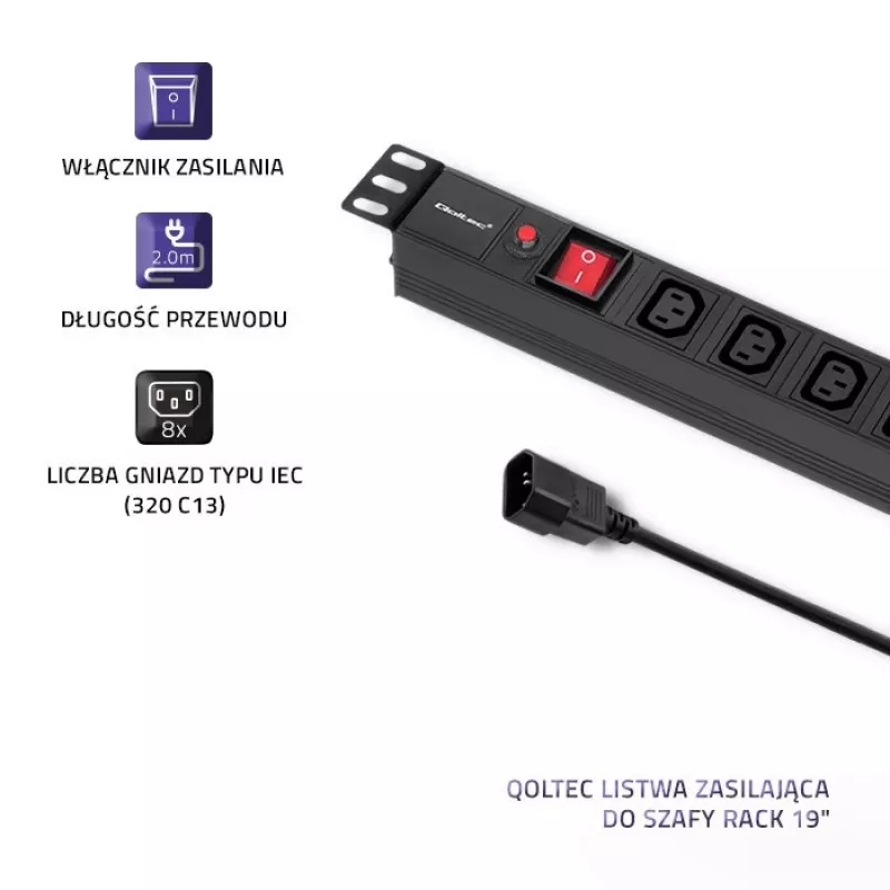 Qoltec 53998 Power strip for RACK 19 | 1U | 10A | PDU | 8xIEC C13 | 2m