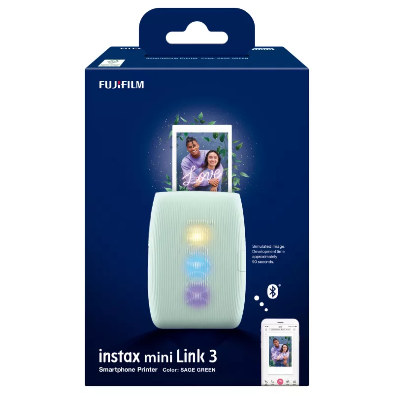 Instant printer Fujifilm Instax Mini Link3 Sage Green — 800×600 DPI, prints 6.2×4.6 cm, Bluetooth, 0.21 kg