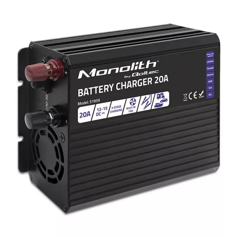 Charger QOLTEC Monolith 20A 12V for LiFePO4, AGM, GEL, SLA batteries