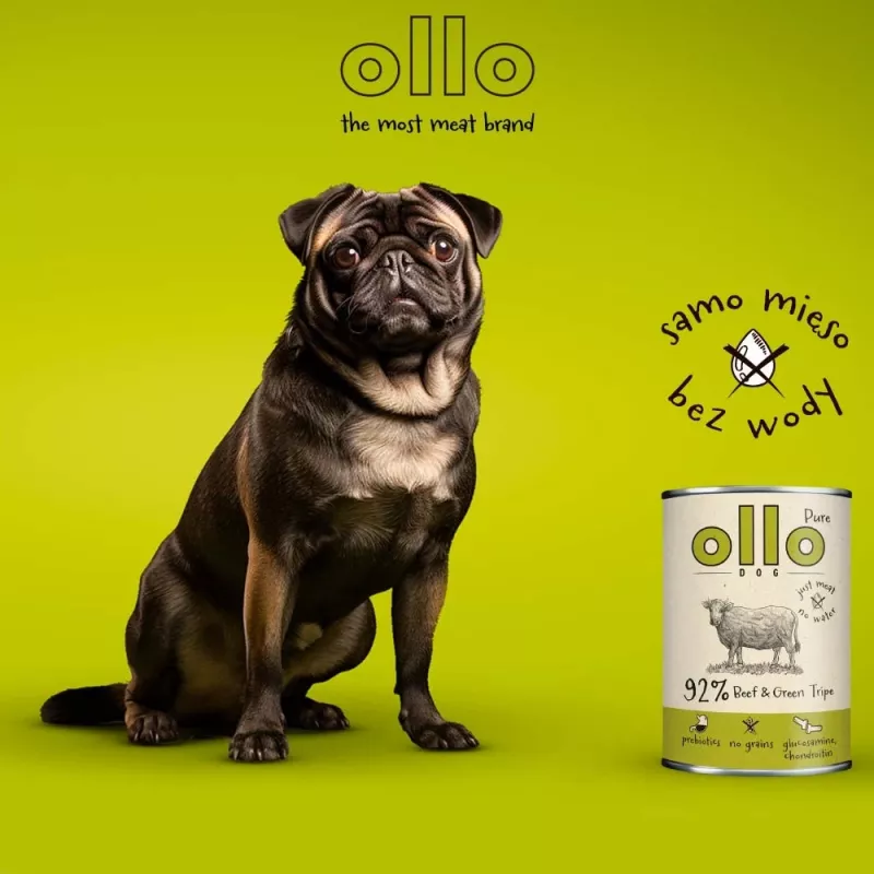 Wet dog food OLLO Pure Beef and Green Tripe 400 g can — adult, protein 14.5%, fat 11.9%, moisture 69%