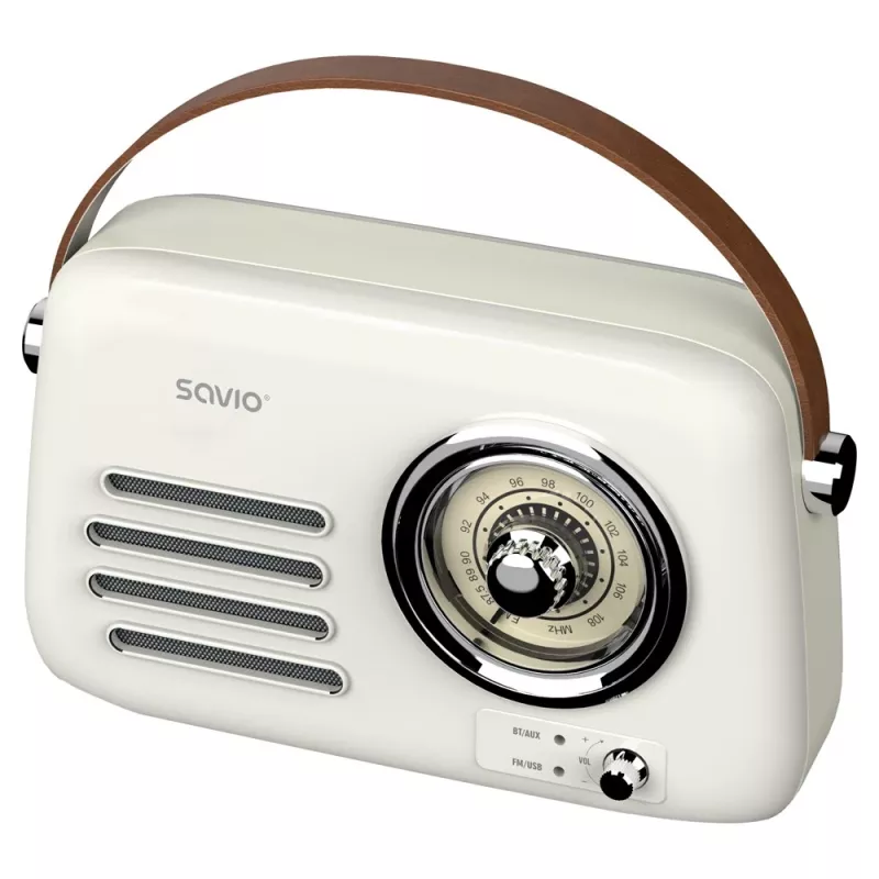 Portable radio SAVIO RS-02 — analog FM tuner, Bluetooth 5.3, USB power, 3 W, white