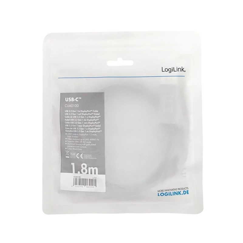 LogiLink CUA0100 Cable Gender Changer DisplayPort USB 3.2 Gen1 Type-C 1.8m Black Grey