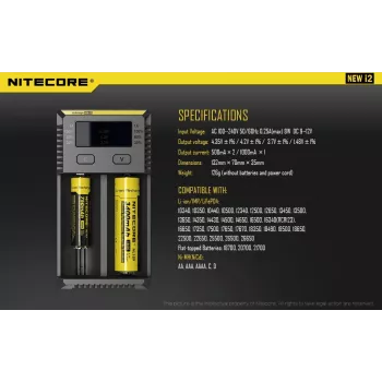 Battery Charger Nitecore NEW i2 — 2‑bay charger for LiFePO4, Li‑Ion, NiMH; input 100–240V; output 9–12V; supports AAAA/C/D/AAA/AA; black