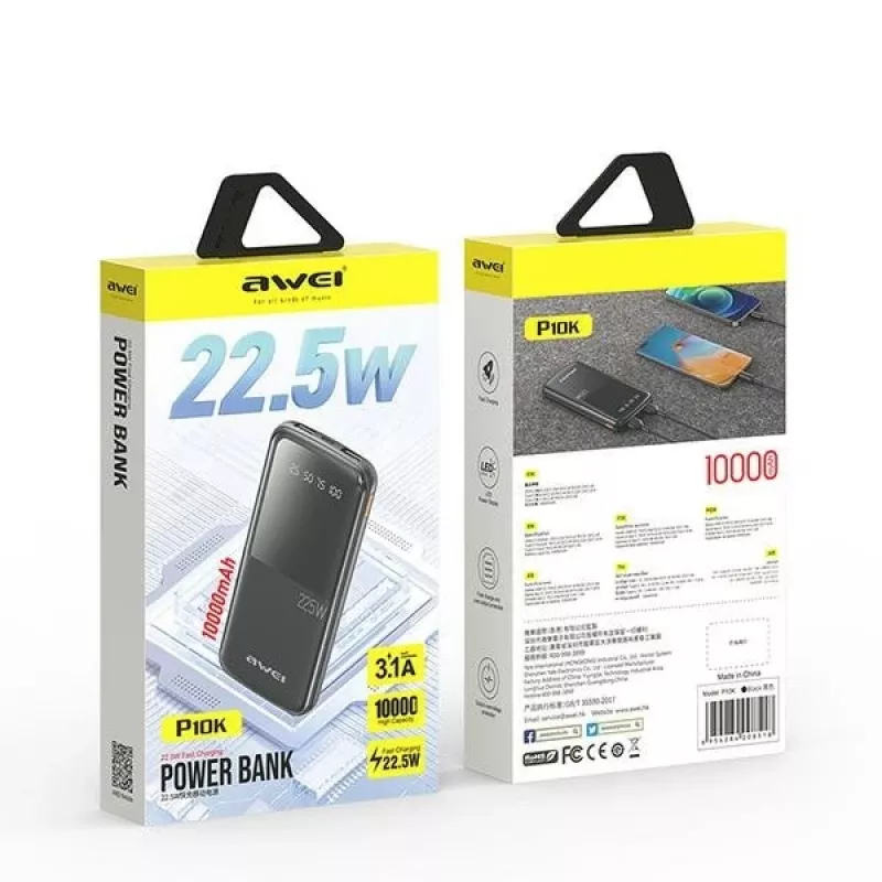 Awei PowerBank P10K 10000 MAh 22,5W Black/Black (10000mAh, 22W, 22.50Wh), Powerbank, Black