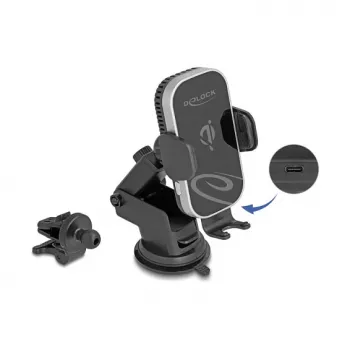 Active car holder DELOCK 66939 for mobile phones — suction cup mount, Black/Grey, wireless charging compatible
