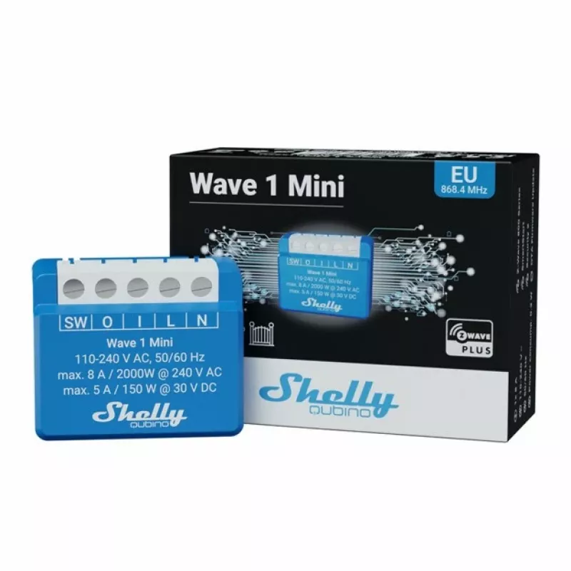 Smart relay Shelly Qubino Wave 1 Mini wireless 110–240V, 8A AC / 5A DC, 868.4 MHz, indoor, blue