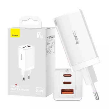Wall charger Baseus GaN5 Pro 65W — USB + 2×USB-C (QC3.0, PD3.0) with 1m USB-C cable, white