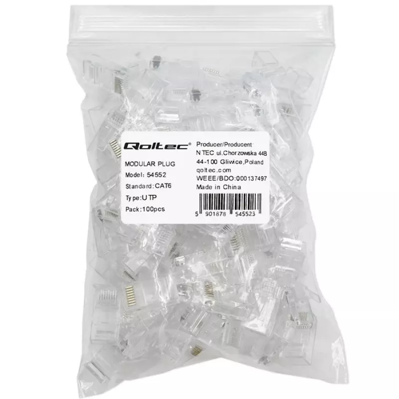 Modular RJ45 connector QOLTEC 54552 CAT6 UTP, pack of 100