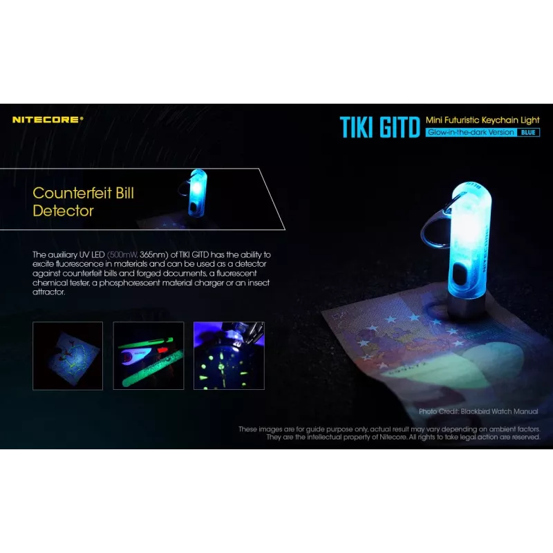 Keychain flashlight Nitecore TIKI GITD BLUE — grey, USB rechargeable, 1 lm, 55 mm, 12 g, IP66, shockproof