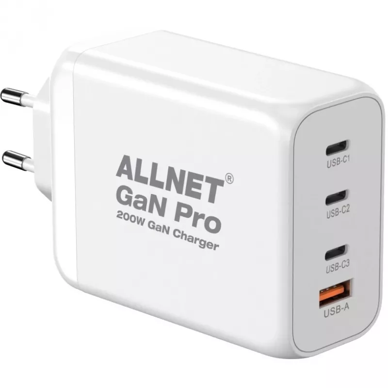 ALLNET Power Supply PSU-GaNPD-USB-1A3C-200W — 200W GaN USB charger, 1× USB-A, 3× USB-C