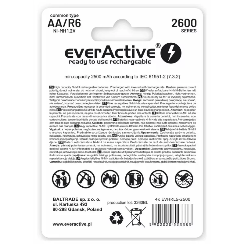 Baterii Reincarcabile R6 AA 2600mAh EverActive Professional package contents 1x Blister