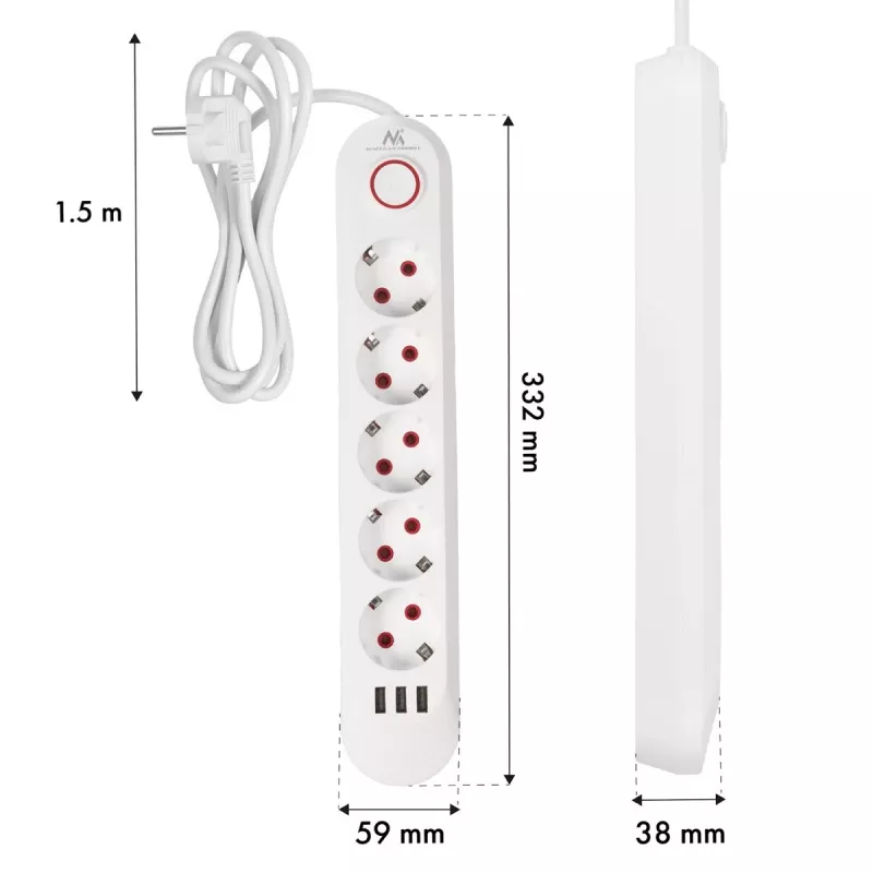 Power strip MACLEAN MCE395 W — 5 sockets, 3× USB A, 110–240 V AC, 2.1 A USB, max 2500 W, white, 1.5 m cable