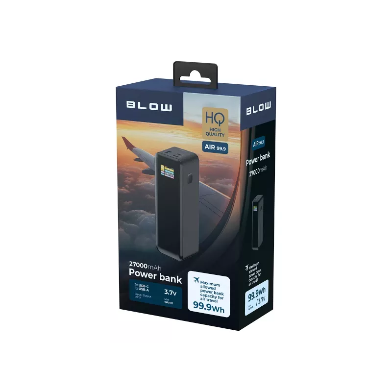 Power bank BLOW AIR99.9 27000mAh PD 140W LCD — 2× USB‑C, 1× USB‑A, 27000 mAh, 140 W total