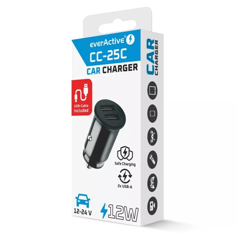 Car charger everActive CC-25C 2x USB-A + USB-C, 12W, in-car USB power adapter