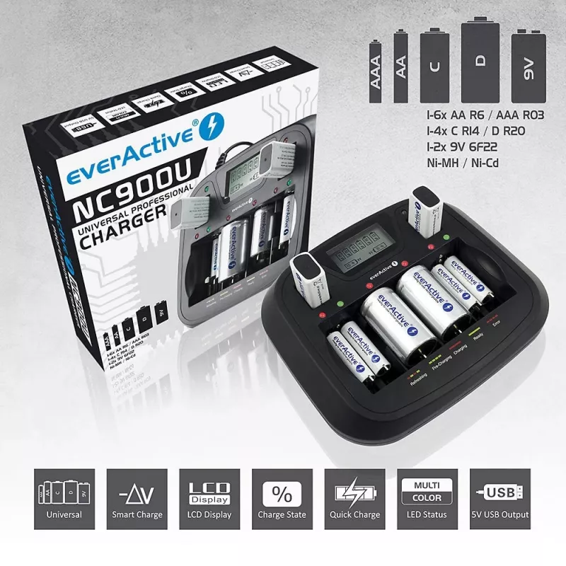 Battery charger everActive NC-900U Universal DC — charges AA, AAA, C, D, 9V, up to 6 cells, black