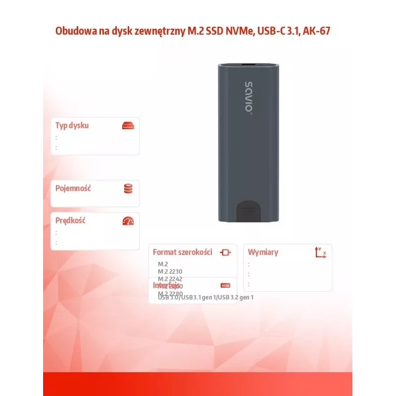M.2 SSD enclosure SAVIO AK-67 Grey, USB 10 Gbit/s, single M.2 drive support