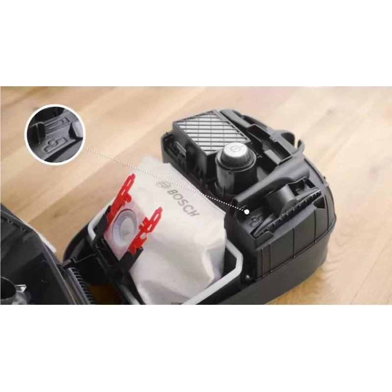Vacuum cleaner Bosch BGB 41RD3H — 600 W, 4 L dust bag, HEPA filter, 11 m radius, telescopic tube, red
