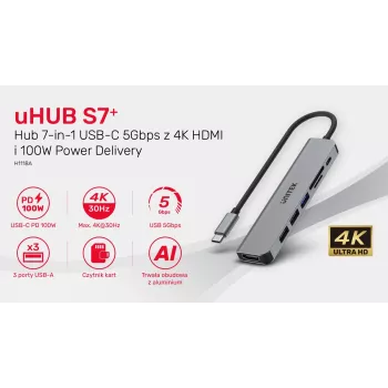 USB-C Hub Unitek 7in1 Aluminium PD 100W 5 Gbps — multiport adapter with Power Delivery