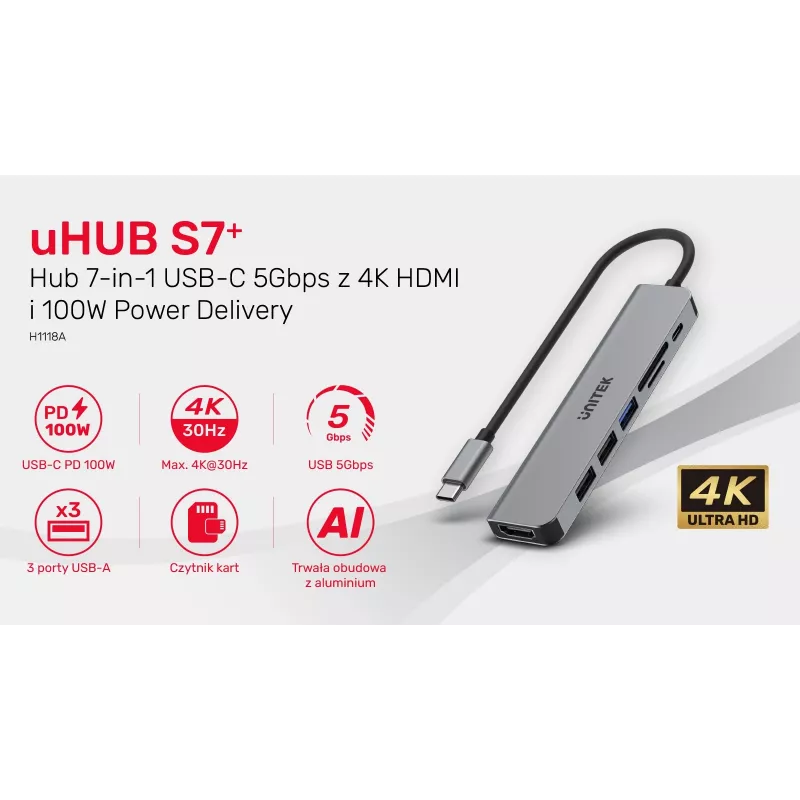 USB-C Hub Unitek 7in1 Aluminium PD 100W 5 Gbps — multiport adapter with Power Delivery
