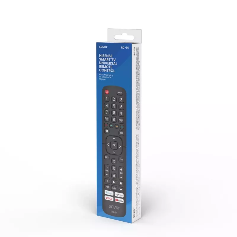 Universal remote control SAVIO RC-14 for Hisense Smart TV, IR wireless, supports 14 devices, range up to 10 m, black